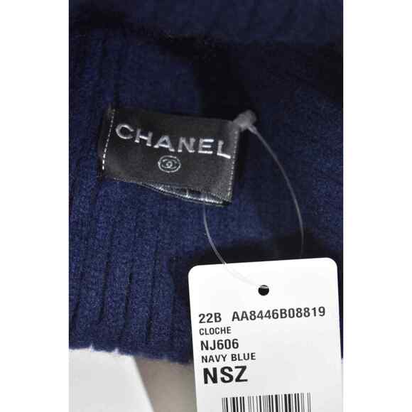 Chanel 22B Cashmere Navy Blue White Sequin CC Logo Beanie Winter Hat Cap Cloche main image 4